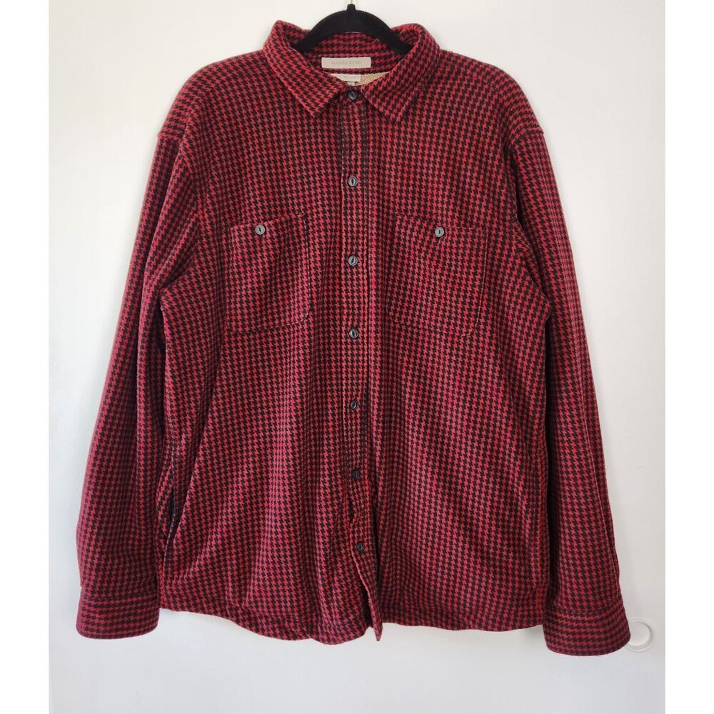 LL Bean Men's Red And Black Houndstooth Sherpa Lined Flannel Shirt Jacket, Lg